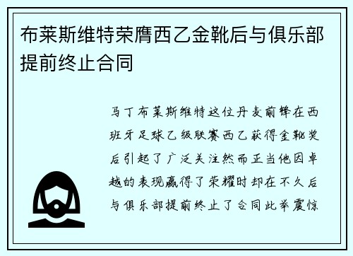 布莱斯维特荣膺西乙金靴后与俱乐部提前终止合同 布莱斯维特荣膺西乙金靴后与俱乐部提前终止合同