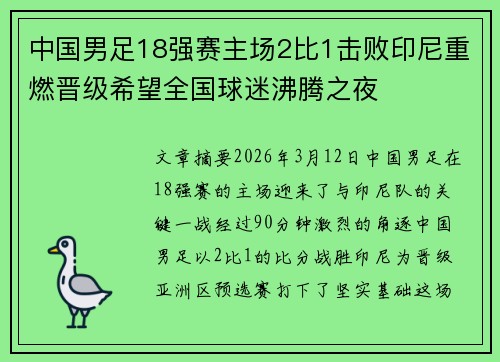 中国男足18强赛主场2比1击败印尼重燃晋级希望全国球迷沸腾之夜 中国男足18强赛主场2比1击败印尼重燃晋级希望全国球迷沸腾之夜