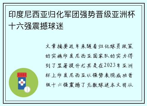 印度尼西亚归化军团强势晋级亚洲杯十六强震撼球迷 印度尼西亚归化军团强势晋级亚洲杯十六强震撼球迷